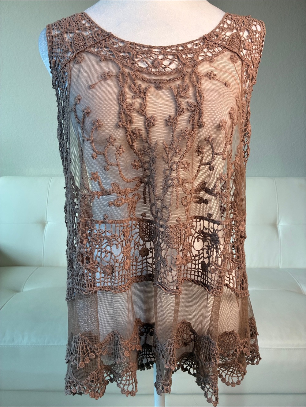 Umgee Delicate Crochet Overlay Sleeveless Top - Mauve Brown